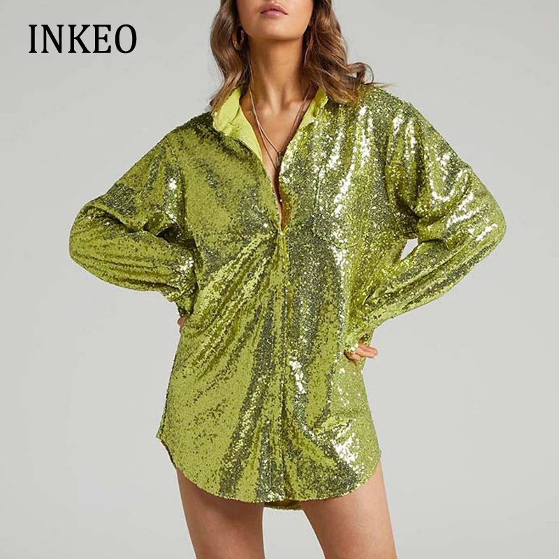 

Sexy club Women's Sequin blouse Loose Summer Autumn Green Pink Fashion Long sleeve shirt Tops Female 2022 Newest INKEO 2T054