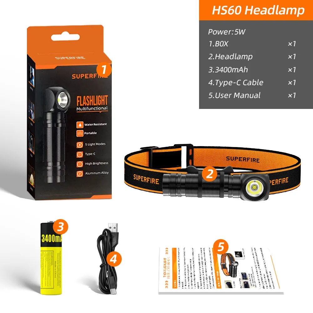 

SUPERFIRE HS60 Магнитный налобный фонарь 900LM