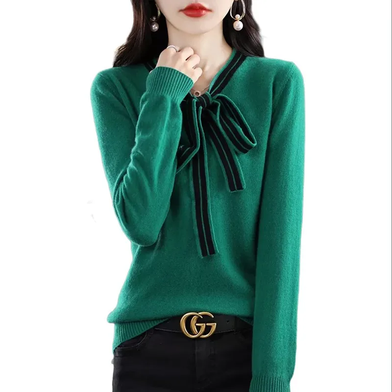 100%Merino Wool Women's Christmas Sweater Winter Bow Neck Pullovers Jersey Knitwears Korea Fashion Long Sleeve Top Jumper