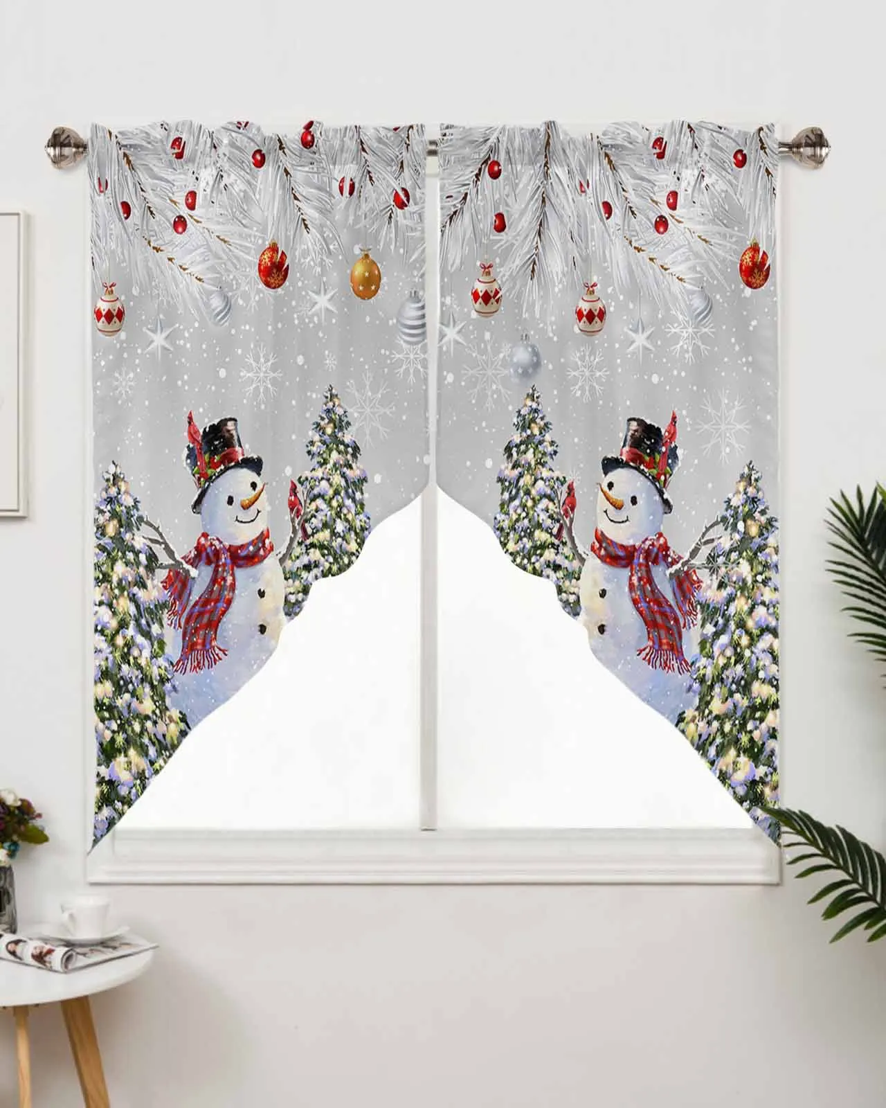 

Christmas Snowman Gray Snowflake Tree Window Curtains for Living Room Kitchen Drapes Christmas Home Decor Triangular Curtain