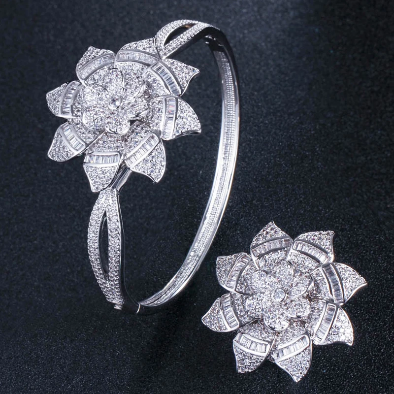 

ThreeGrace Luxury Cubic Zirconia Silver Color Exaggerated Big Flower Finger Ring and Bangle Set for Women Party Jewelry JS541