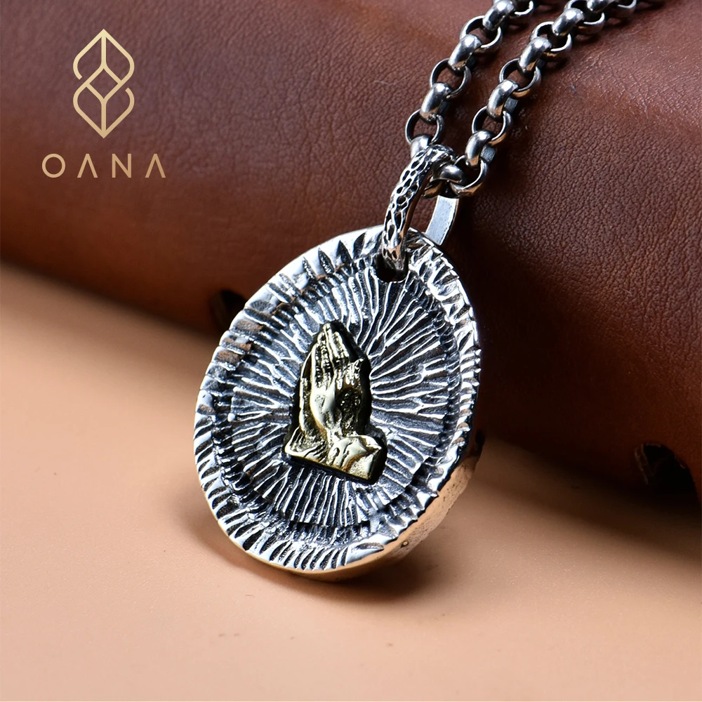 

OANA S925 Sterling Silver Pendant Retro Accessories Hip Hop Prayer Hands Coins Men's and Women's Trend Fashion Jewelry