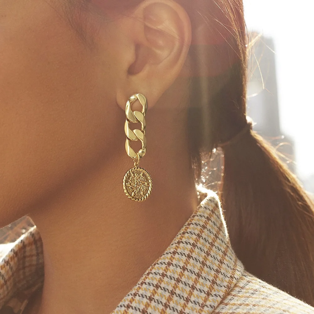 

Fashion Simple Gold Coin Drop Earrings Women Hip Hop Long Chains Link Dangle Earring Jewelry Female Vintage Statement Earrings