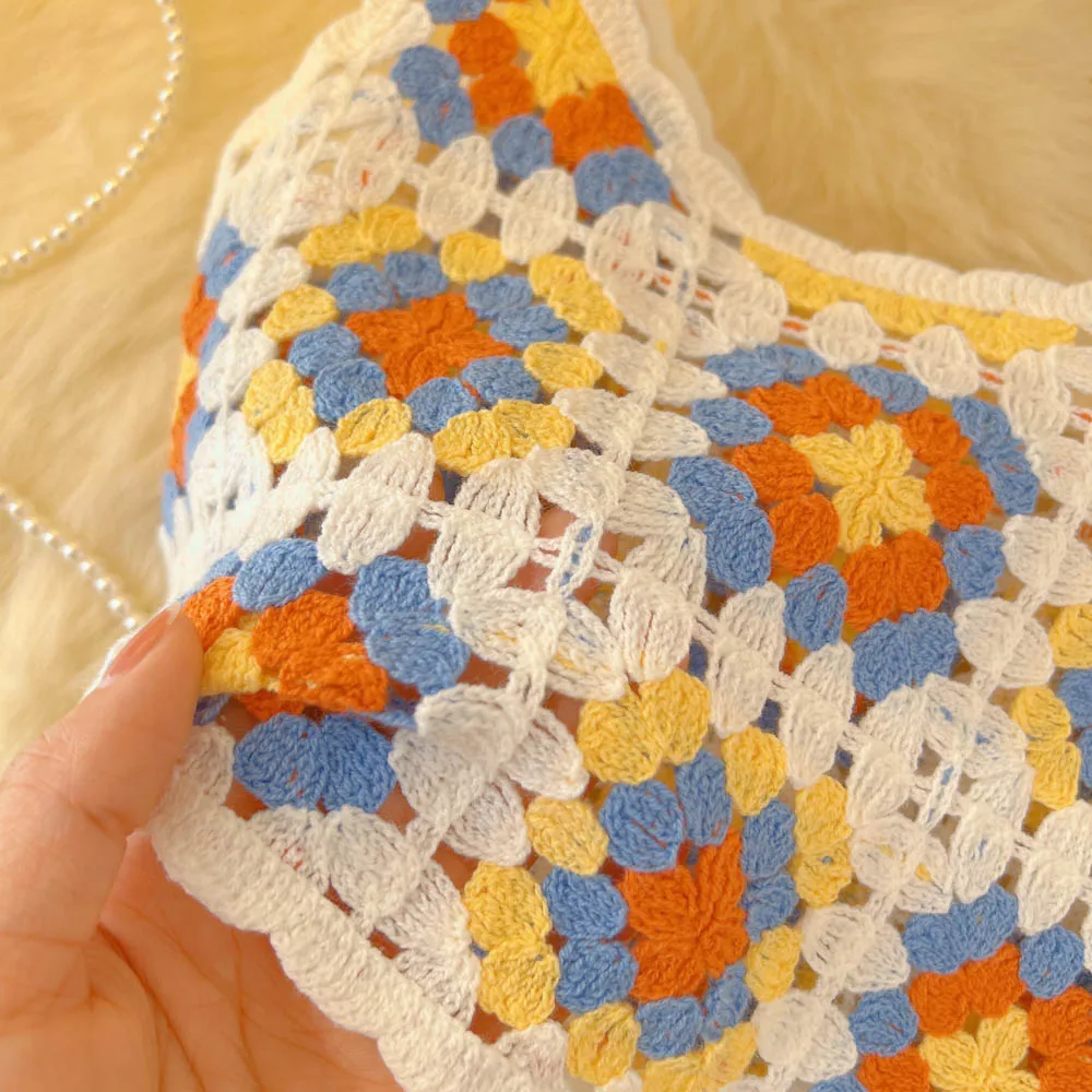 Винтажные шикарные майки с вырезами женские летние без рукавов кроше цветочным