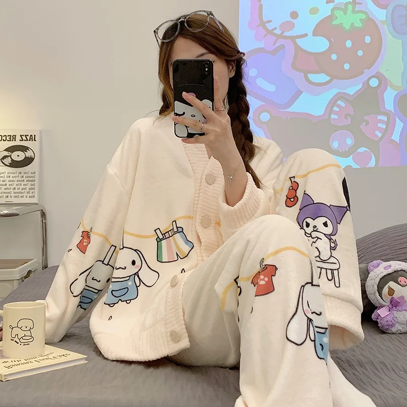 Women Fashion 2Pcs Suit Winter Warm Cardigan Cartoon Sweet Flannel Pajamas Set Home Clothes Female Fleece Thicken Soft Sleepwear