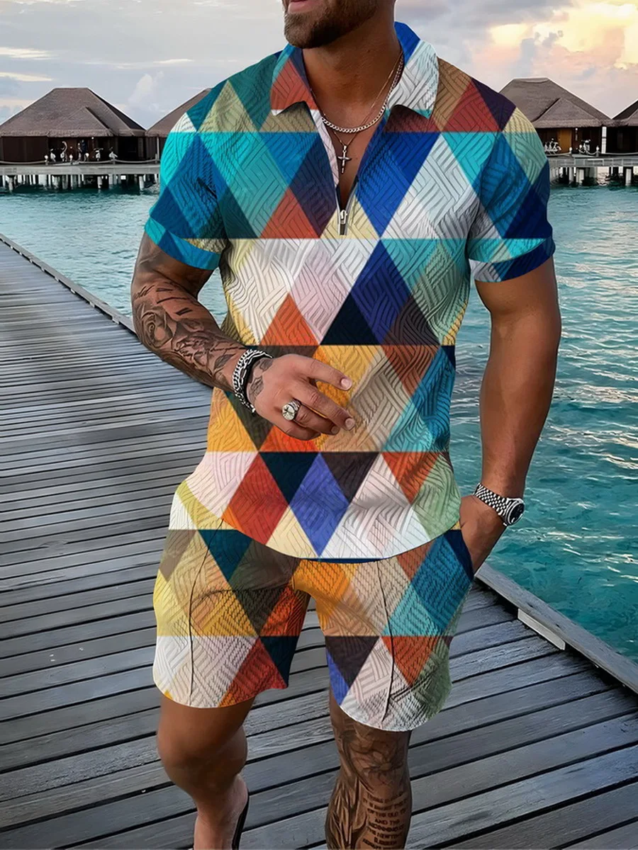 Summer Men's High Quality Sportswear geometry Short Sleeve Zip Polo Shirt + Shorts Set Men's Casual Streetwear 2 Piece