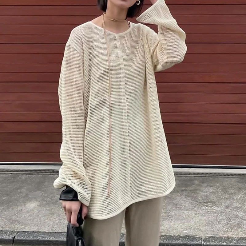 

Design Sense Hollow Out Mesh Blouses 2022 Summer New Arrival Women Blusas Round Neck Long Sleeve Solid Loose Shirts