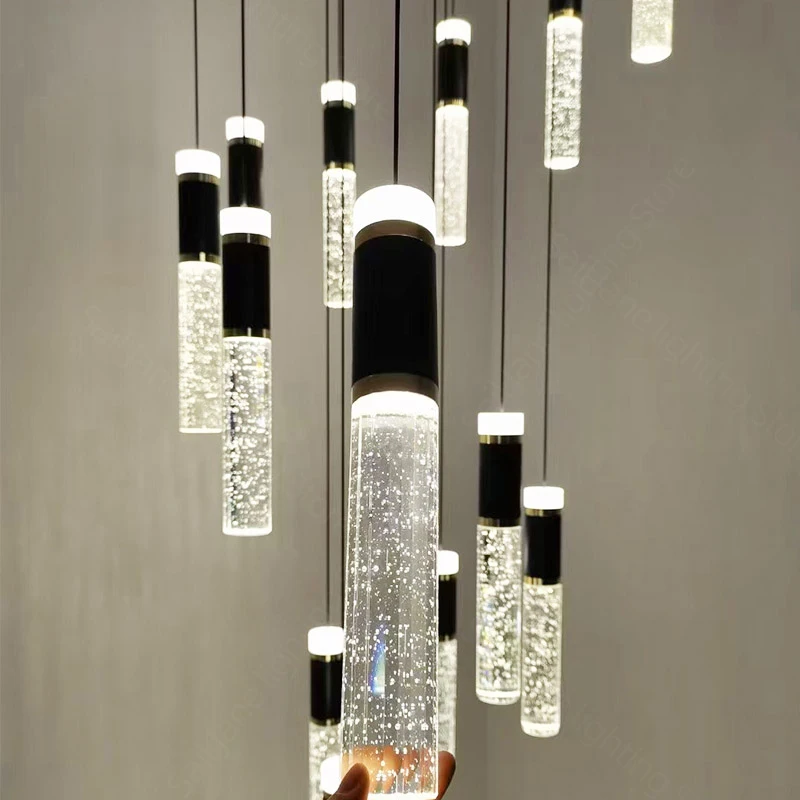 

Cylindrical Crystal Staircase Chandelier Modern Minimalist Black Atmospheric Villa Attic Long Chandelier Home Decoration Lamp