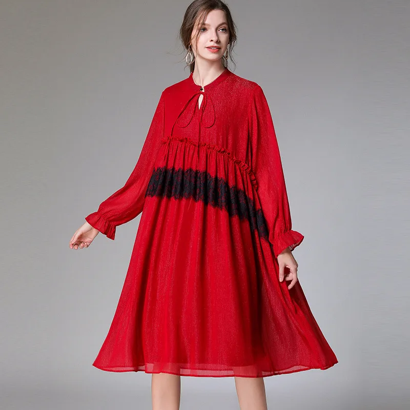 

SuperAen 2022 Spring New Fashion Slim Long Lace Oversized Splicing STAND A-LINE Casual Dresses for Women