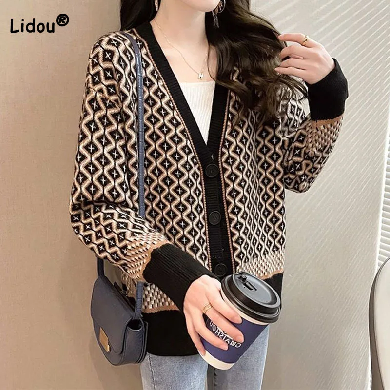 

V-Neck Argyle Vintage Knitted Cardigan Spring Autumn Women's Clothing Fashion Loose Casual Button Long Sleeve Sweaters Female