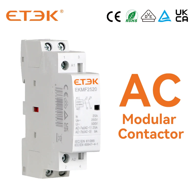 

Бытовой модульный контактор переменного тока ETEK, 220 В, однофазный, 2P, 25 А, 2 без катушки, тип Din-рейки EKMF-2520-230
