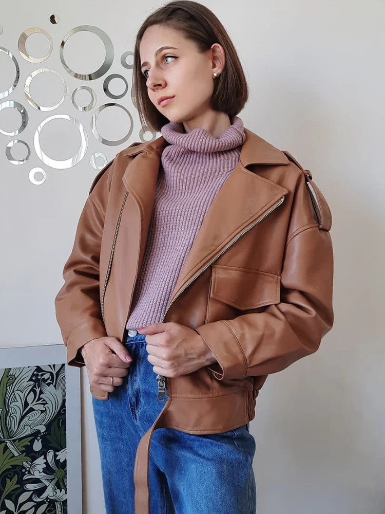 Aoottii Autumn Women Pu Faux Soft Leather Jacket with Belt Streetwear Female Brown Pocket Zipper Coat Tops Ladies Outwear
