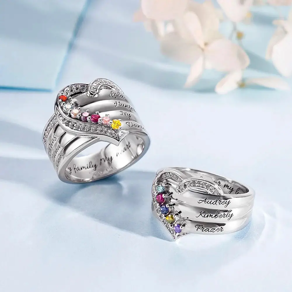 Personalized Heart Engraved Name With Birthstone Rings 925 Sterling Silver Fashion Jewelry Birthday Gifts for Women Girl Family