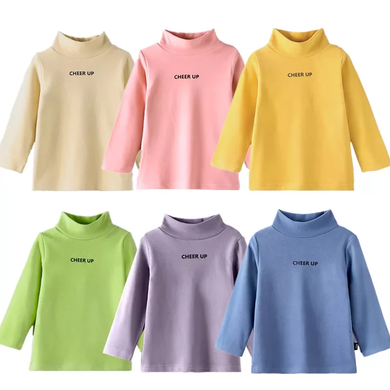 Kids Tops Cotton Baby Girls T-shirt Pure Color High Neck Pullover Winter Children Clothing 1-7 Y Boys Warm Long Sleeve Tees