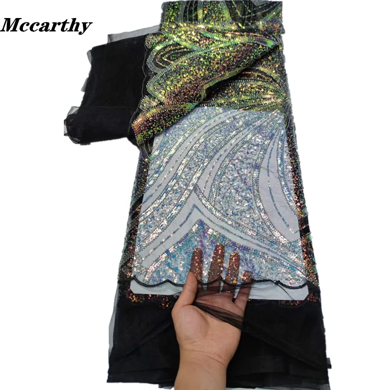 

Mccarthy African Lace Fabric High Quality Inventory Promotion Nigerian Lace Sequins Beads Lace Fabric For Evening Party Dress