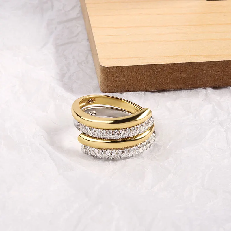 

Lanre.Q 100% 925 Sterling Silver Zircon CZ Open Resizable Ring for Women Gold Plated Corss Rings Wedding Fine Jewelry Gifts
