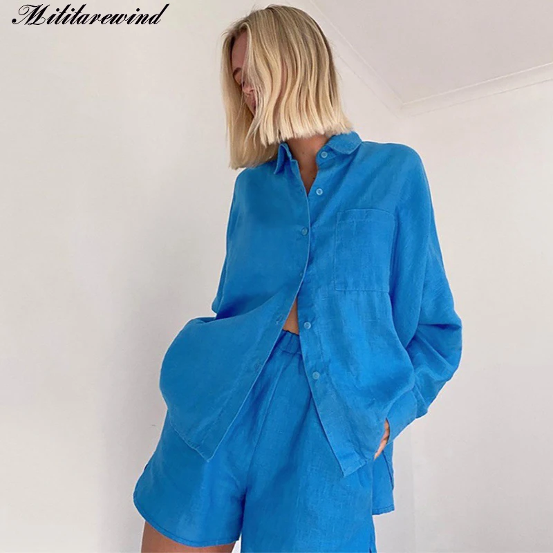 

Женский хлопковый комплект из 2 предметов, голубой Повседневный льняной плиссированный комплект, однобортная рубашка с длинным рукавом и ш...