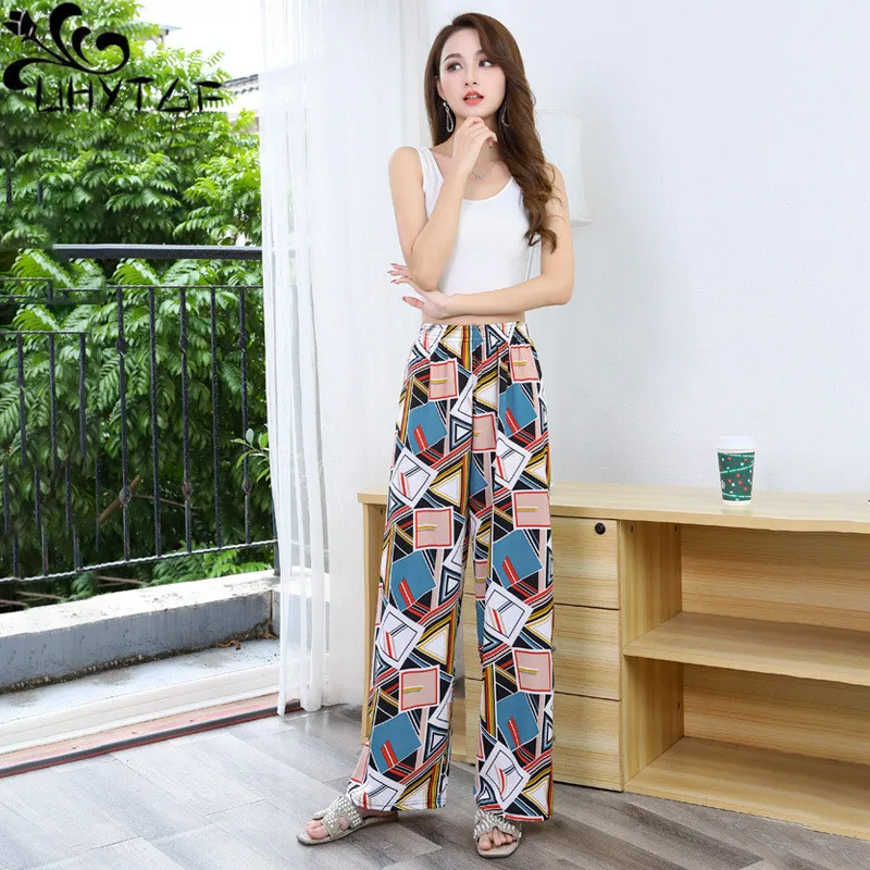 UHYTGF Casual Pants Women Spring Summer Thin Style Wide Leg Pant Elastic Waist Appear Thin Loose Ladies Clothing Trousers 71