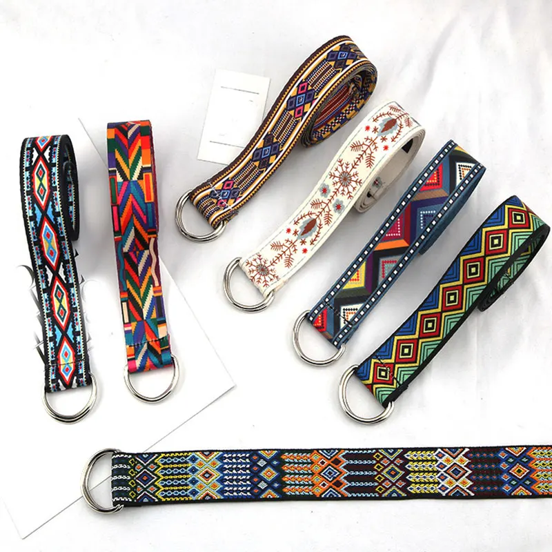 Women  Printed Canvas Belts Metal D Ring Buckle Waist Strap Harajuku Embroidery Waist Belt Ethnic Style Wide Dress Punk  Belt