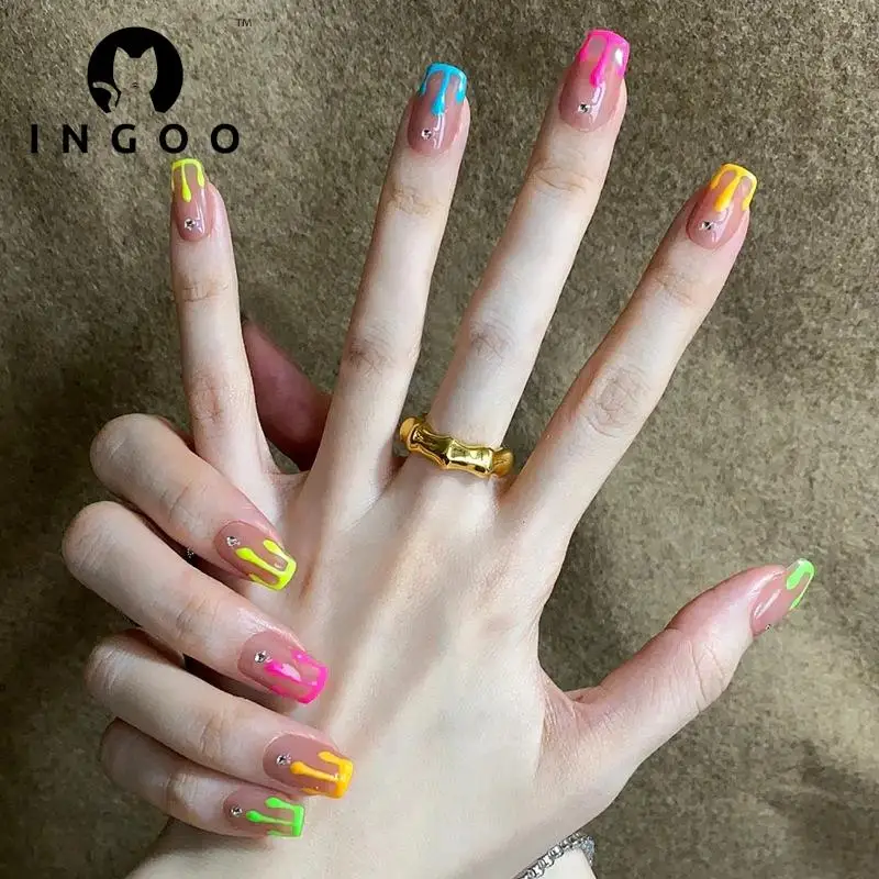 

24 шт., многоразовые флуоресцентные накладные ногти с клеем