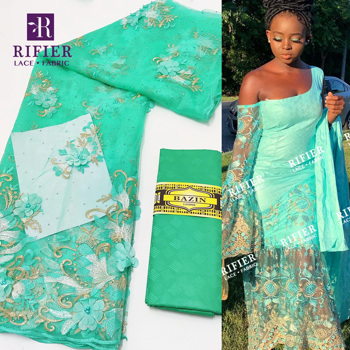 

Mint Green 3D Flower Embroidered African French Tulle Lace With Basin Rich Fabric For Ankara Nigerian Women Bride Dress Sewing
