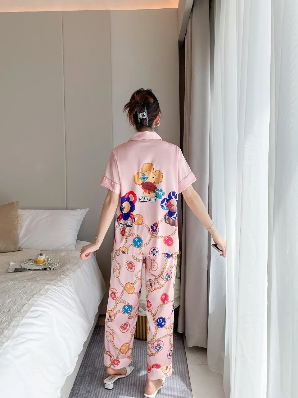 [Women's pajamas] [high-quality]2023 New Short Sleeve Long Pants Ice Silk Set Korean Version Sweet Sunflower Large Homewear