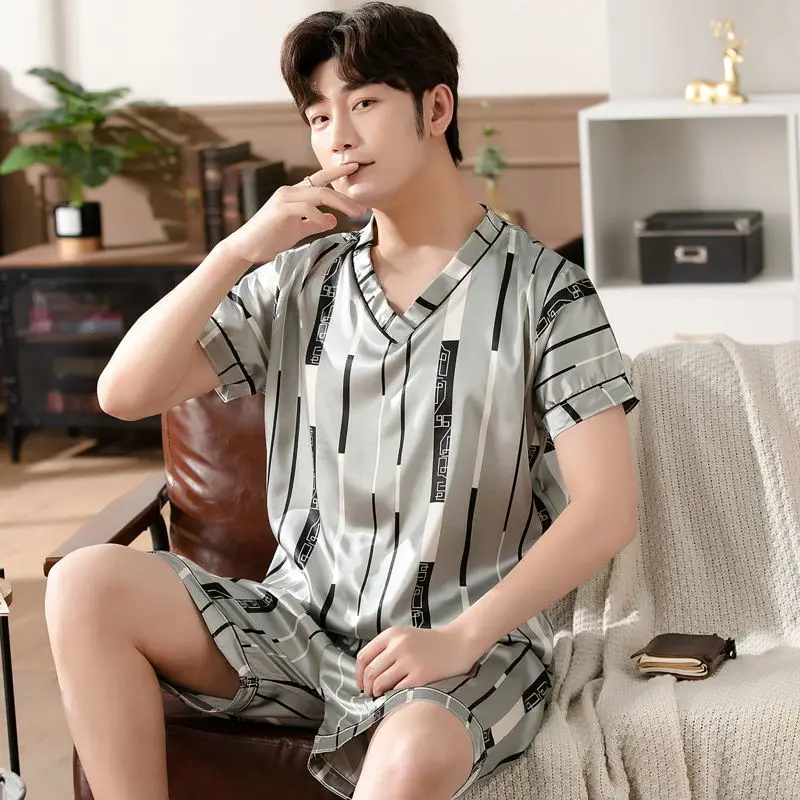 Ice Silk Pajamas V-neck Pullover Summer Short-sleeved Thin Silk Men's Casual Large Size Homewear Suit Sexy Sleepwear Men
