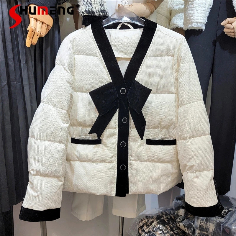 

Autumn and Winter New Korean Style Bow Socialite Down Jacket Women's Short White Duck Down Coat Long Sleeve Loose Parkas
