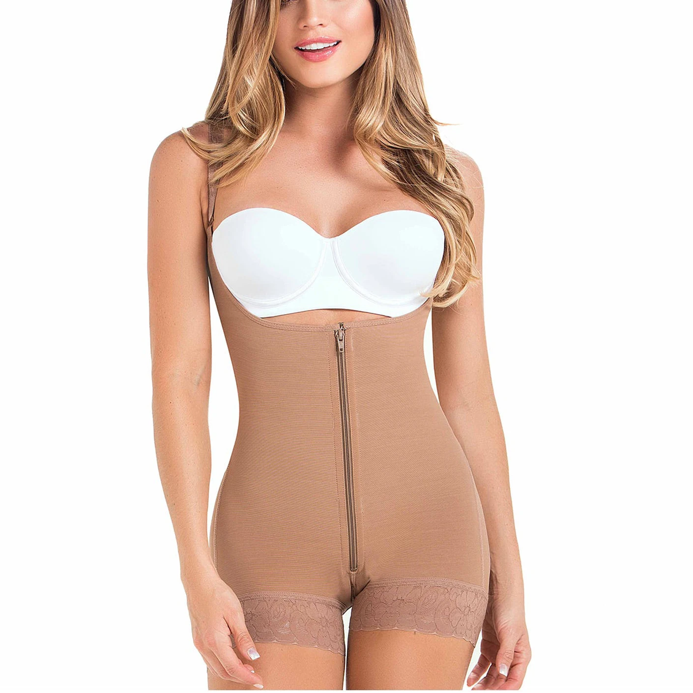 Open Chest Sleeveless Bodysuit Shoulder Strap Zipper Shapewear
