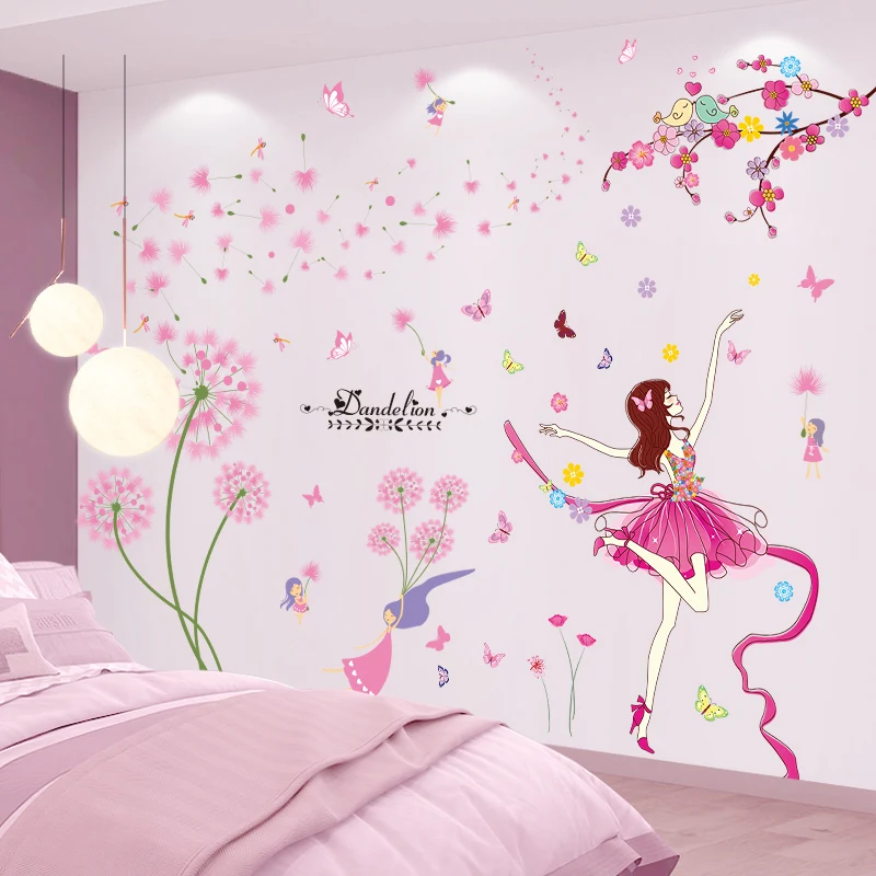 

Pink Dandelion Flowers Wall Stickers DIY Girl Dancer Wall Decals for Living Room Kids Rooms Children Nursery Home Decoration