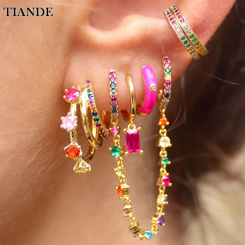 TIANDE Gold Plated Hoop Earrings for Women Fashion Piercing Zircon Double Round Long Chain Earring Set 2023 Jewelry Wholesale