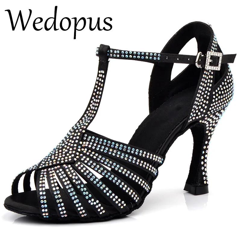 

Wedopus New Ballroom Dance Shoes Latin Women Black Satin Salsa Dancing Sandals 9CM