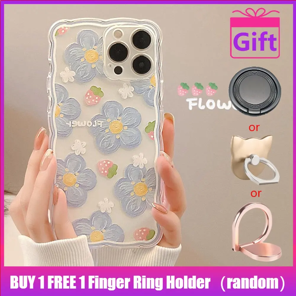 

iPhone Case Silicone Clear Wave Non-Slip Shockproof Full Coverage Oil Painting Flower Case For iPhone 11/12/13 Pro Max 7/8Plus x