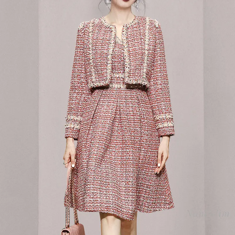 

2023 Spring Autumn Strap Dress Sets 2 Piece Set Fashion Elegant Pearl Ribbon Short Coat + Strap Dress Tweed Suit Lady Outfits