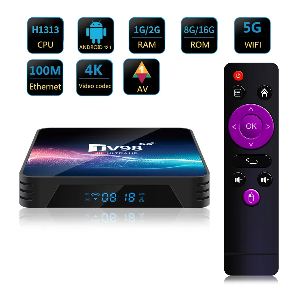 ТВ-приставка Android 12 1 TV98 Allwinner H313 Quad Core 1G/8G 2GB/16GB 2 4G 5G Dual WIFI H.265 UHD AV1 4K