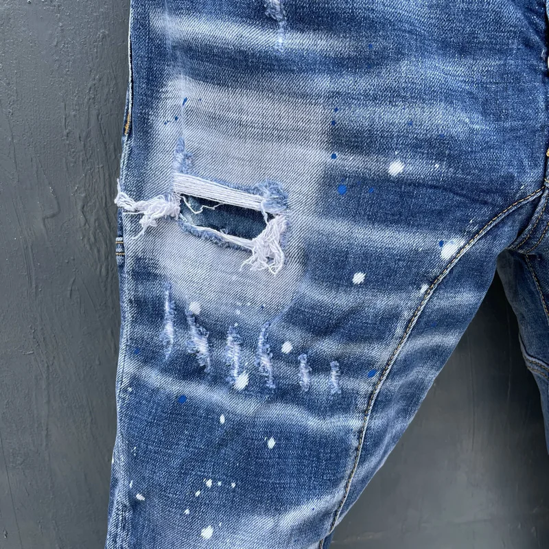 Spring New DSQUARED2 Men's/Women's Jeans Fashion Slim Stitching Three-Dimensional Cut Hole Patch Elastic Feet T153