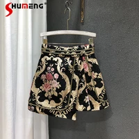 2022 spring new palace style retro heavy industry jacquard fake two piece high waist a line skirt womens shorts skirts