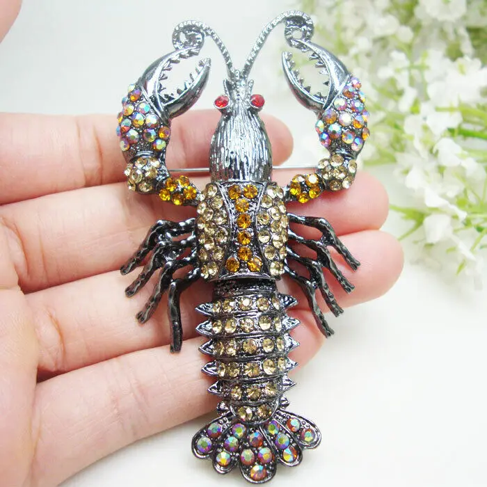 

Vintage Brown Lobster Woman's Marine Life Brooch Pin Rhinestone Crystal Gifts