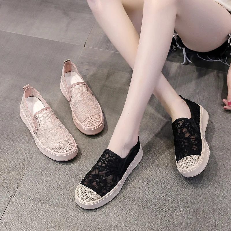 Women Canvas Shoes 2023 Spring Summer Solid Color Lace Casual Shoes Fashion Round Toe Loafers for Ladies Flat Shoes