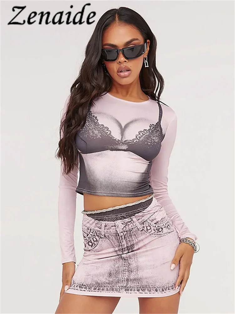 

Zenaide Denim Print Long Sleeve O Neck Crop Top And Mini Skirt Y2K 2 Piece Set Women Autumn Sexy Club Fashion Outfits 2023