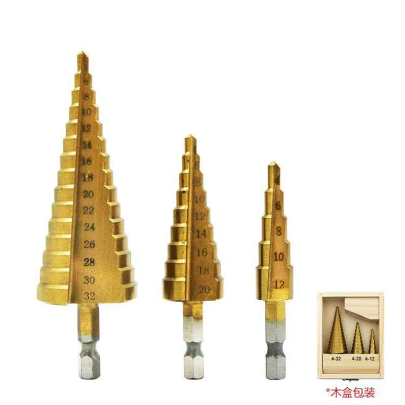 

Сверло ступенчатое из быстрорежущей стали по дереву и металлу с титановым покрытием, 3-12/4/4-12/4/4-32 мм