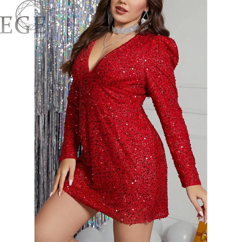 Plus Size V Neck Sequin Dress Christmas Red Bodycon Dress Elegant Luxury High Quality Prom Plus Size Dress