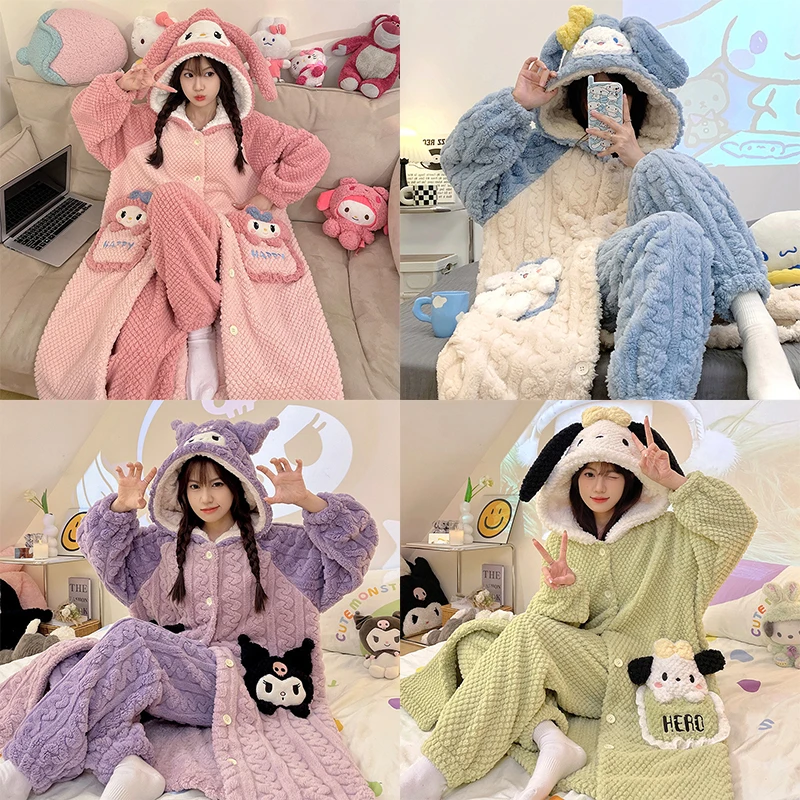 

Sanrio Kuromi Kawaii Anime Plush Pajama New MyMelody Cute Winter Warm Home Flannel Student Outside Velvet Set Girl Birthday Gift