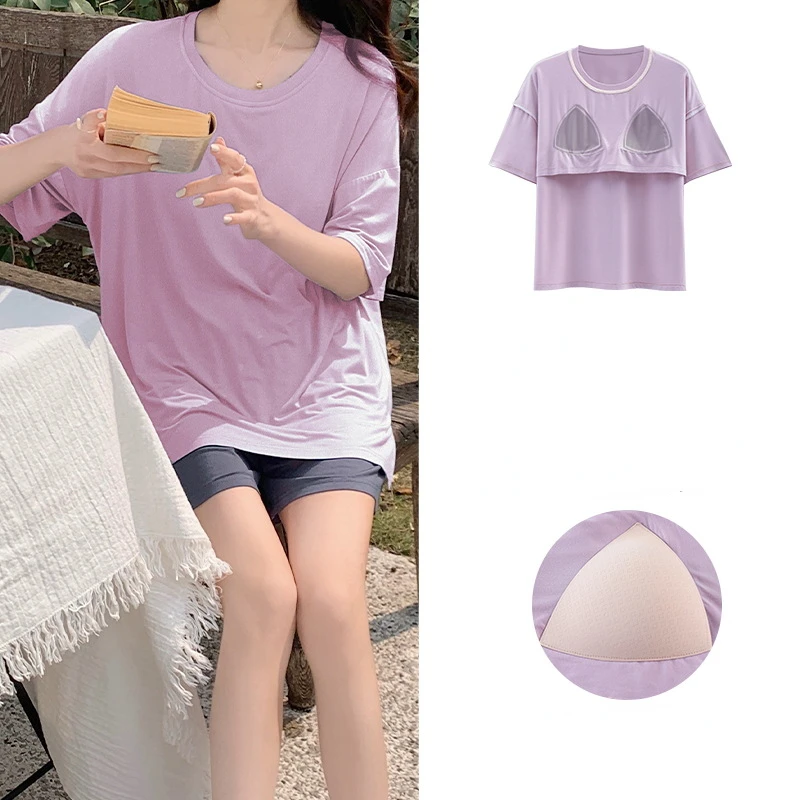 Pajamas Women's Summer Short-sleeved Shorts Suit Cool Feeling with Chest Pads Can Be Worn Outside Comfortable and Cute Home Suit