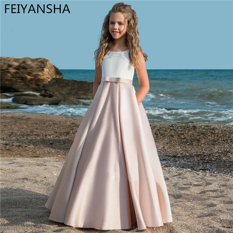 

Flower Girls Dresses With Bow Sash First Communion Dress For Little Kids Party Birthday Dress Toddlers Formal Pageant Gown
