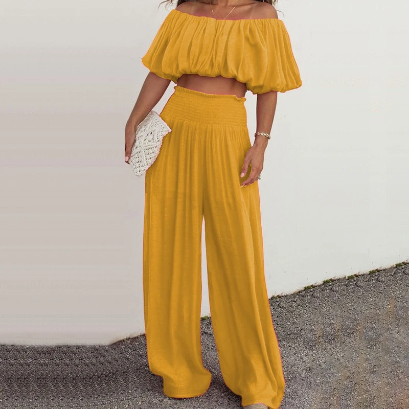 

Women's Short Sleeve Slash Neck Pleat Backless Short Top High Waist Wide-Leg Pants Suits Sexy Solid Color Hollow Out 2 Piece Set