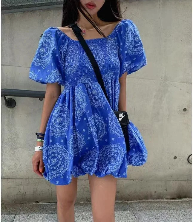 

SuperAen Square Neck Bubble Short Sleeve Dress Women's Temperament A-line Dress