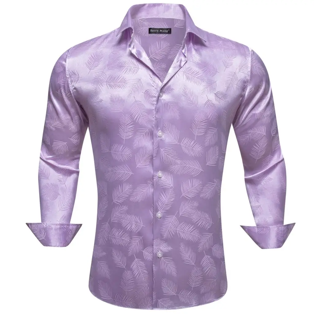 

Luxury Shirts for Men Silk Satin Purple Leaves Long Sleeve Male Blouses Casual Lapel Tops Breathable Streetwear Barry Wang