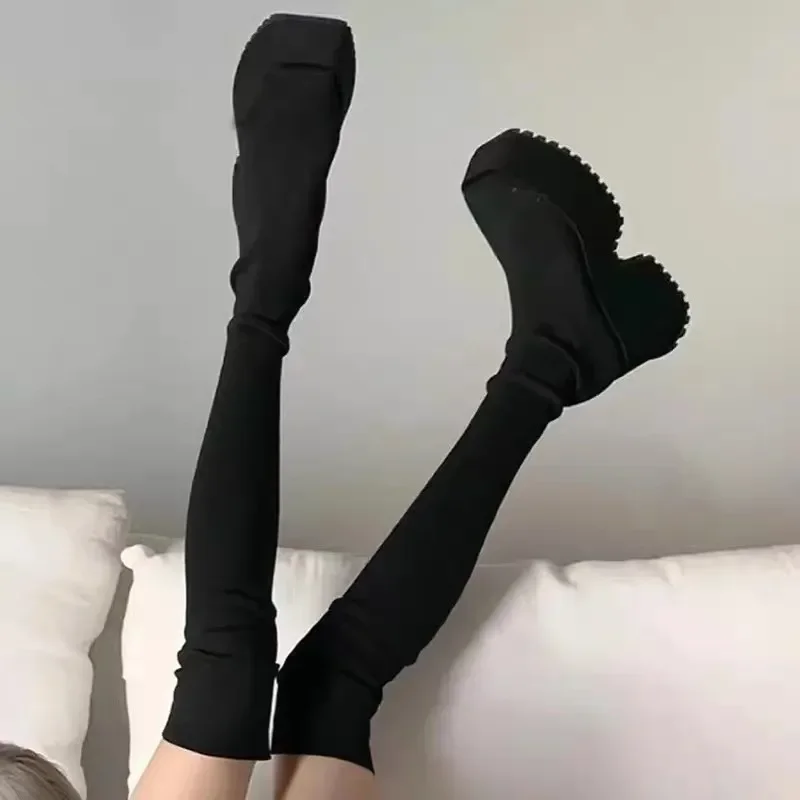

Women's Over The Knee Sock Boots 2023 Winter New Fashion Stretch Thick Heels Knitted Long Boots Women Slip on Platform Shoes