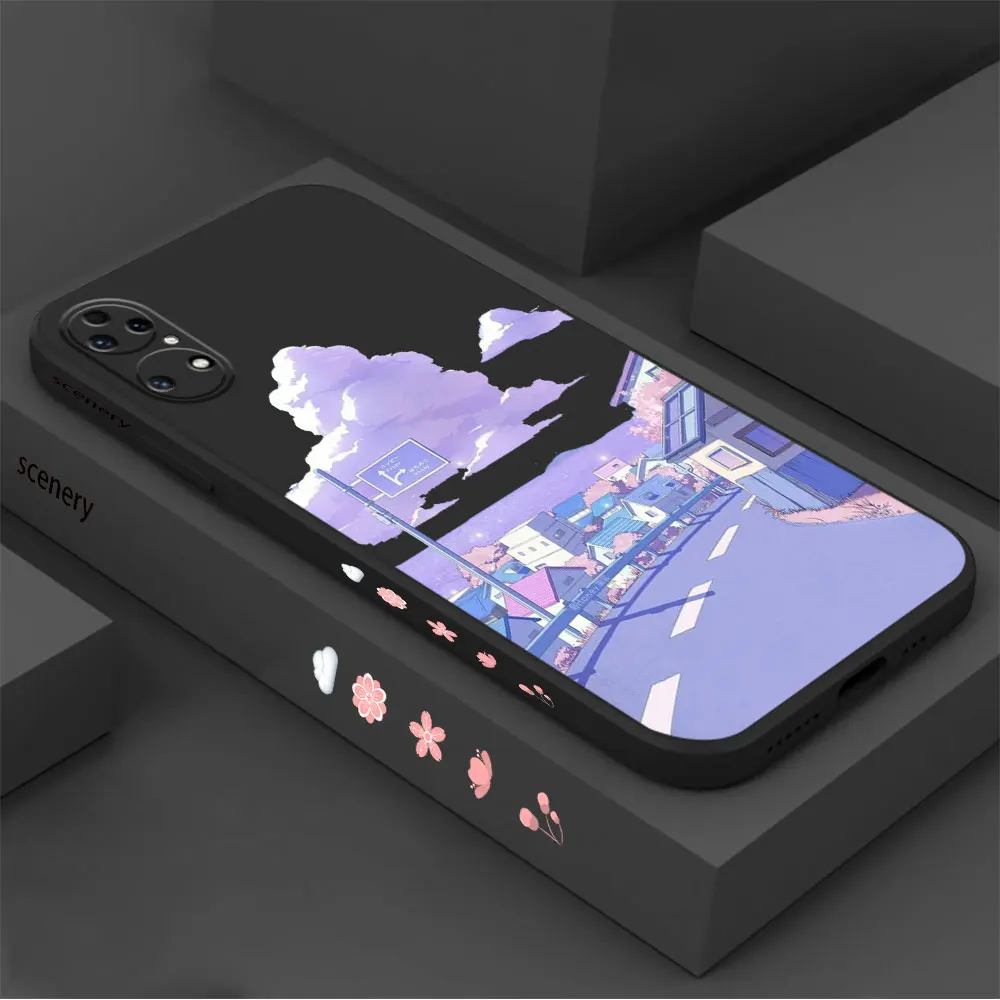 Japan Anime Scenery Landscape Phone Case For Huawei P60 P50 P40 P30 P20 Mate 50 40 30 20 20X 10 Colour Liquid Silicone Cover
